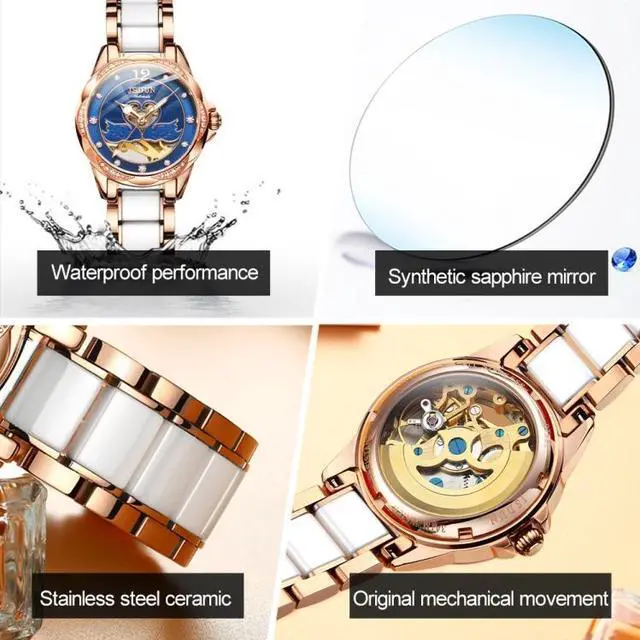 Alt view image 7 of 7 - JIN SHI DUN 8831 Women Fashion Diamond Hollowed Waterproof Ceramic Mechanical Watch (White)