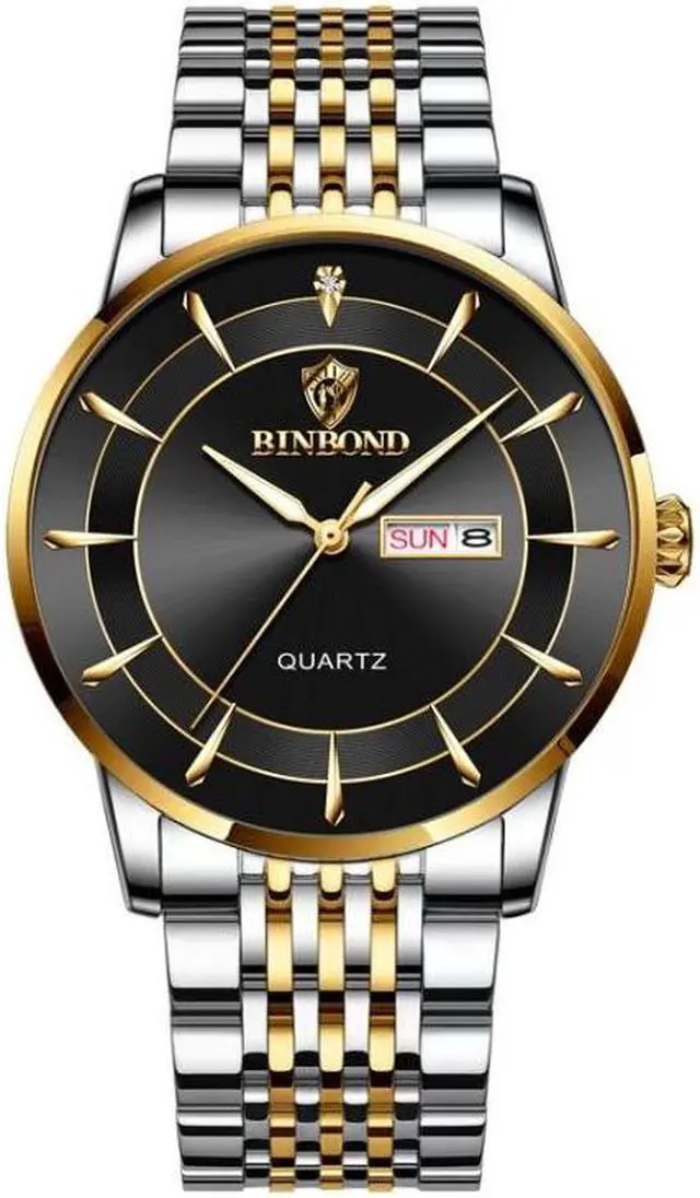 Main image of BINBOND B2077 30M Waterproof Quartz Luminous Watch Butterfly Buckle Men's Steel Belt Watch (Inter-gold-Black)