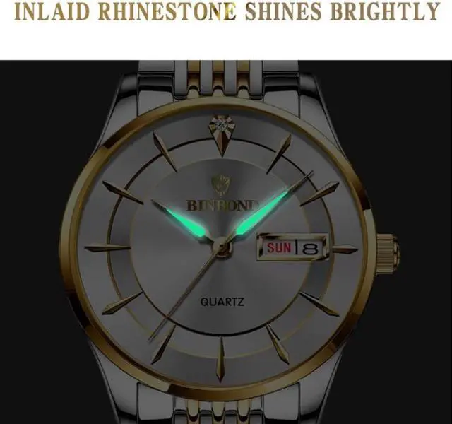 Alt view image 4 of 7 - BINBOND B2077 30M Waterproof Quartz Luminous Watch Butterfly Buckle Men's Steel Belt Watch (White Steel-White)