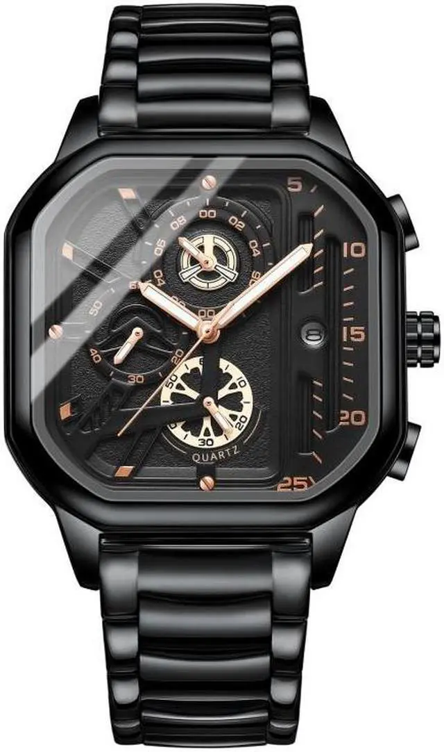 Main image of BINBOND B6577 30M Waterproof Luminous Square Quartz Watch, Color: Black Steel-Black-Rose Gold Black Steel-Black-Rose Gold