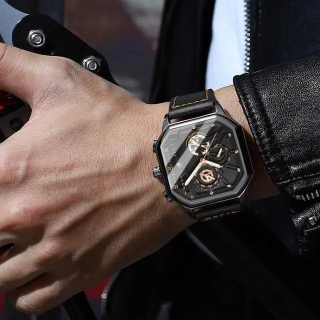 Alt view image 7 of 7 - BINBOND B6577 30M Waterproof Luminous Square Quartz Watch, Color: Black Steel-Black-Rose Gold Black Steel-Black-Rose Gold
