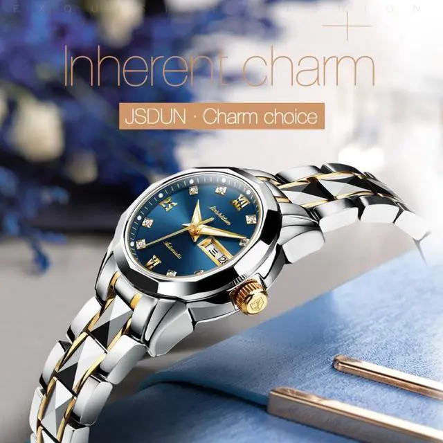 Alt view image 7 of 7 - JIN SHI DUN 8813 Fashion Waterproof Luminous Automatic Mechanical Watch Women (Silver White)