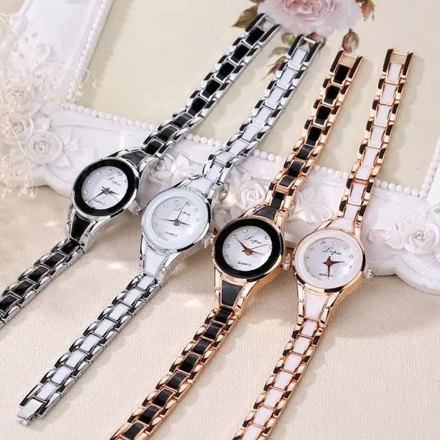 Alt view image 2 of 7 - Lvpai Round Dial Two-Color Stainless Steel Strap Bracelet Quartz Watch for Women (Silver Black)