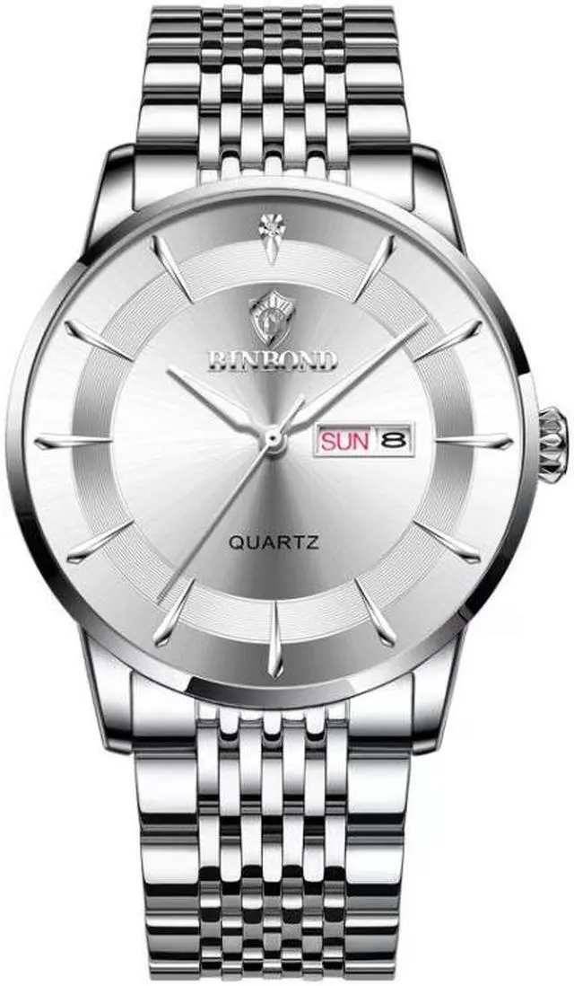 Main image of BINBOND B2077 30M Waterproof Quartz Luminous Watch Butterfly Buckle Men's Steel Belt Watch (White Steel-White)
