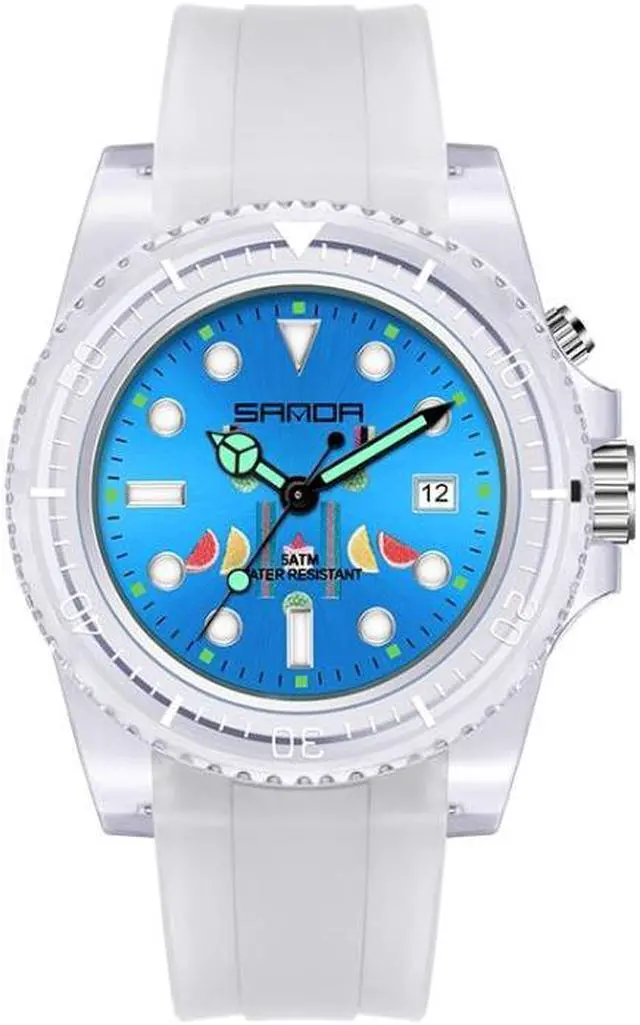 Main image of SANDA 6078 Fluorescent Calendar Dial Transparent Strap Quartz Watch for Women (Transparent White Belt Blue Surface)
