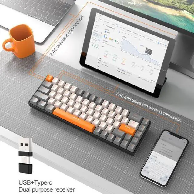 Alt view image 7 of 7 - ZIYOU LANG K68 68 Keys Bluetooth Wireless Dual Model Mechanical Keyboard, Style: Green Shaft Version (Gray), Size:Green Shaft Version (Gray)