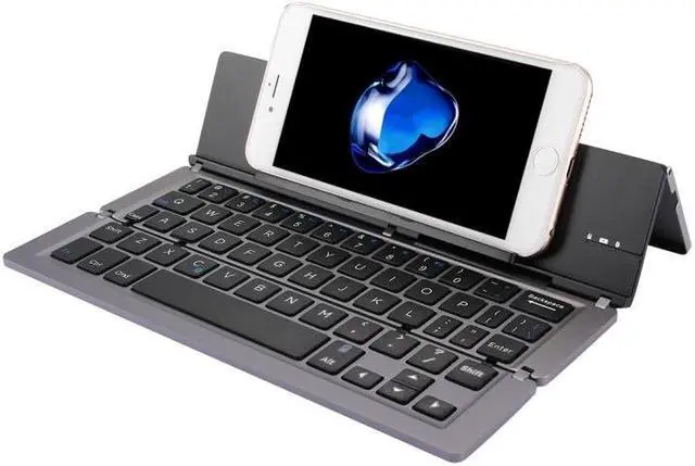 Alt view image 4 of 7 - F18 Ultra-slim Rechargeable Foldable 58 Keys Bluetooth Wireless Keyboard with Holder (Grey)