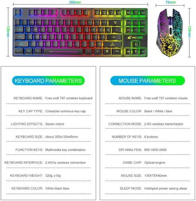 Alt view image 6 of 7 - ZIYOU LANG T87 Gaming Luminous Wireless Keyboard and Mouse Set T87 White (White)