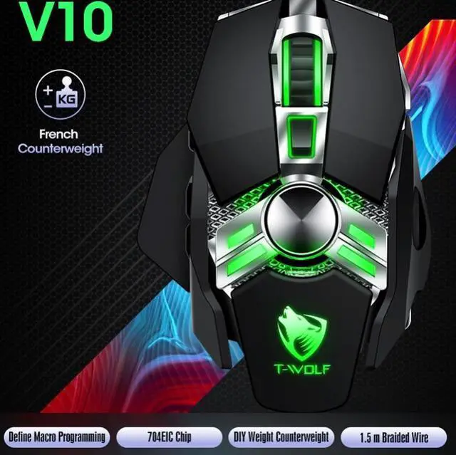 Alt view image 3 of 7 - T-WOLF V10 USB Interface 7 Buttons 6400 DPI Gaming Wired Mouse Custom Macro Programming 4-Color Breathing Light Gaming Mouse, Cable Length: 1.5m(Gun Color)