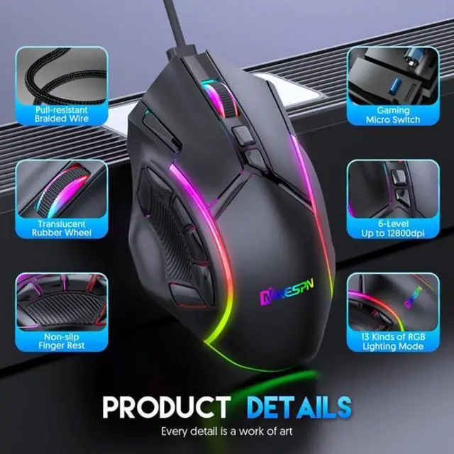 Alt view image 7 of 7 - MKESPN X15 Full Speed 12800DPI 12 Buttons Macro Definition RGB Wired Mouse