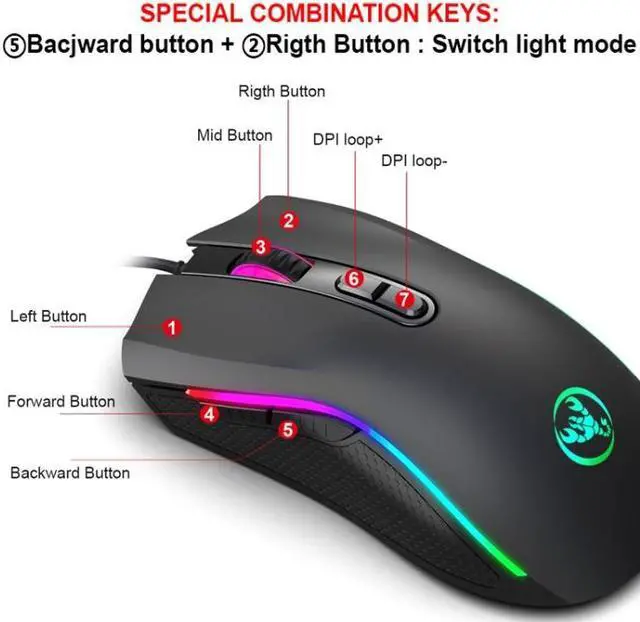 Alt view image 5 of 7 - HXSJ A869 Type-C 7200dpi 6-modes Adjustable 7-keys RGB Light Wired Game Mouse