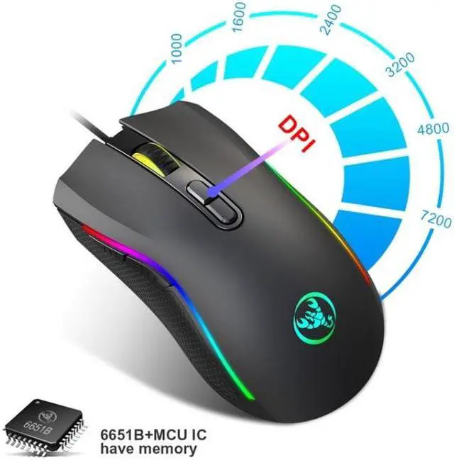 Alt view image 6 of 7 - HXSJ A869 Type-C 7200dpi 6-modes Adjustable 7-keys RGB Light Wired Game Mouse
