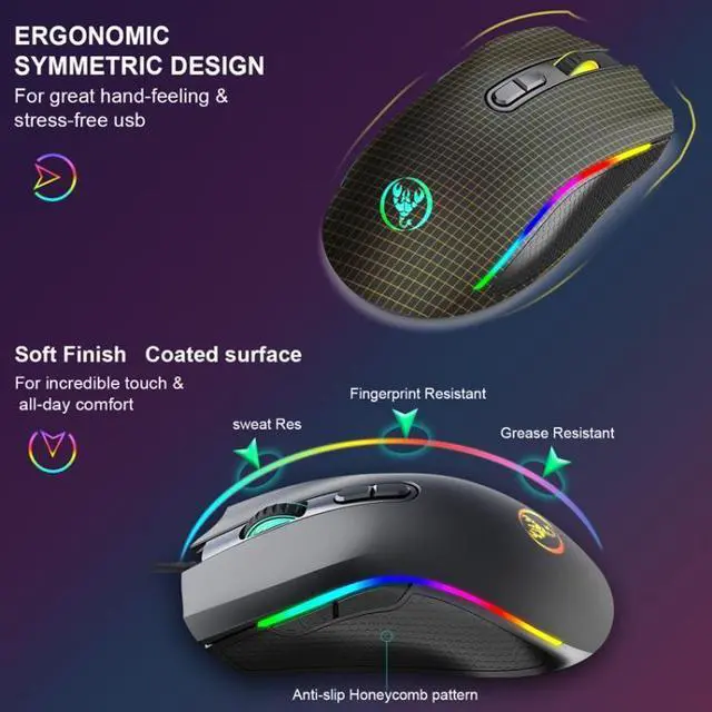 Alt view image 7 of 7 - HXSJ A869 Type-C 7200dpi 6-modes Adjustable 7-keys RGB Light Wired Game Mouse