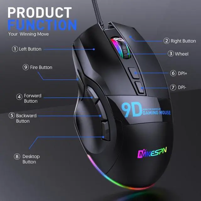 Alt view image 7 of 7 - MKESPN X10 9-Buttons RGB Wired Full Speed Macro Definition Gaming Mouse
