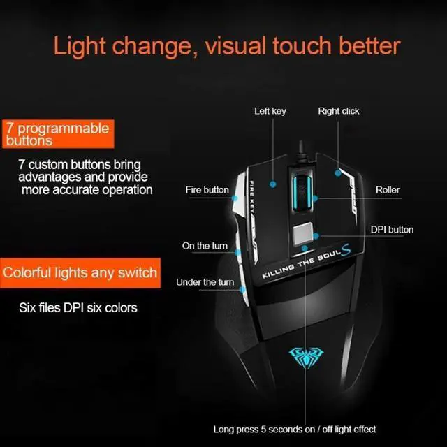 Alt view image 4 of 7 - AULA Series SoulKiller II Colourful Light 7D Optical Competitive USB Wired Game Mouse, Maximum Resolution of 3500 DPI(Black)