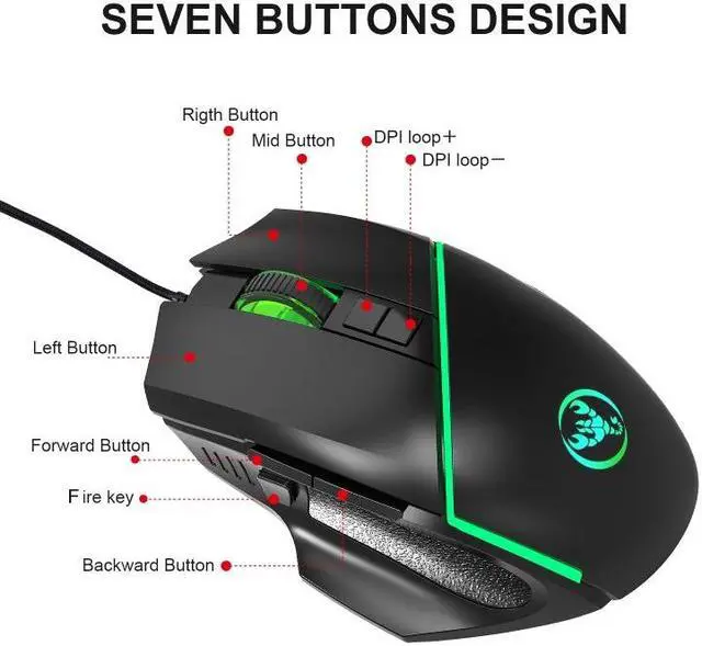 Alt view image 4 of 7 - HXSJ A876 Wired Mouse Colorful Synchronous Light Emission 6400dpi Adjustable Light Gaming Mouse, Length: 150cm