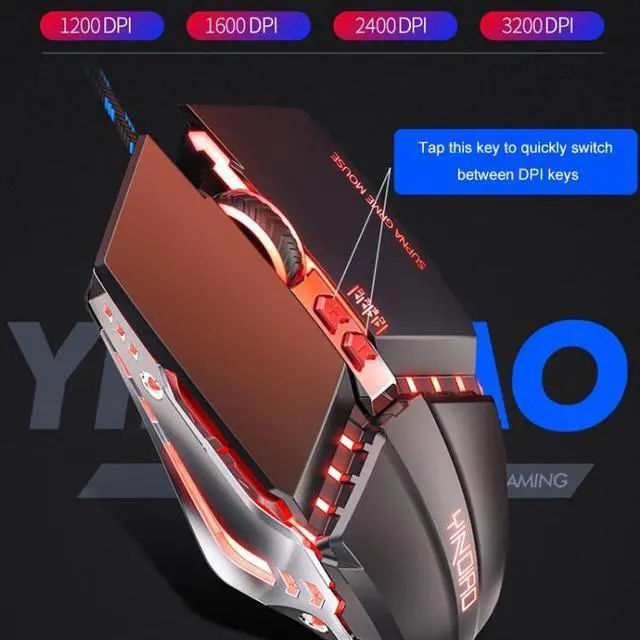 Alt view image 4 of 7 - YINDIAO 3200DPI 4-modes Adjustable 7-keys RGB Light Wired Metal Mechanical Hard Core Macro Mouse, Style: Audio Version(Black)
