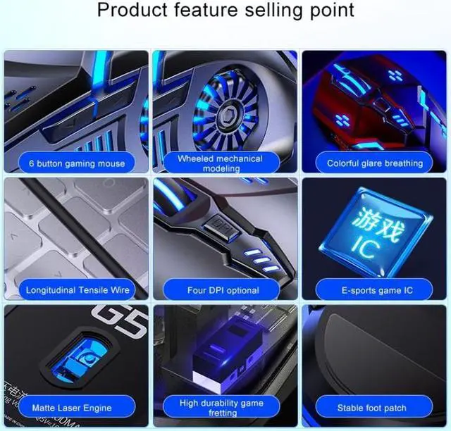 Alt view image 7 of 7 - YINDIAO G5 3200DPI 4-modes Adjustable 6-keys RGB Light Silent Wired Gaming Mouse (Black)