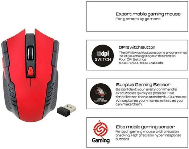 Alt view image 4 of 6 - 6-keys 2.4G 1600DPI Three-speed Adjustable Wireless Office Mouse (Red)