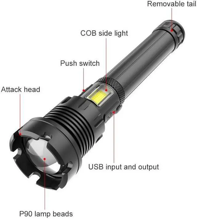 Alt view image 3 of 7 - Long Style Micro USB Charging Outdoor Waterproof P90 + COB LED Flashlight, Support Power Display & Telescopic Focusing & 7-level Brightness Adjustment