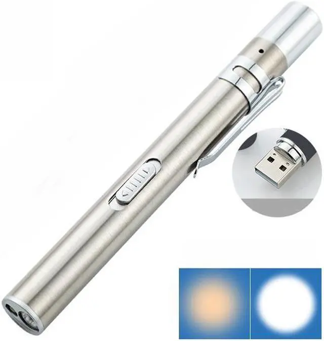 Main image of Flashlight Pupil Pen Light Yellow White Dual Light Source Dental Light LED Stainless Steel Morning Inspection Light, Size:Flashlight Pupil Pen Light (Silver) (Silver )