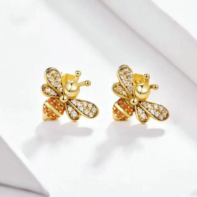 Alt view image 2 of 6 - S925 Sterling Silver Earrings Golden Bee Inlaid Zircon Sterling Silver Stud Earrings SCE344-B