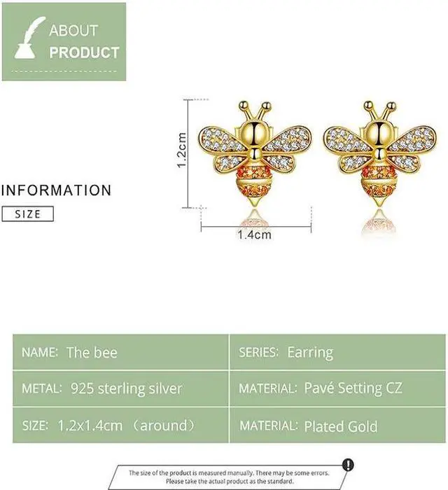 Alt view image 5 of 6 - S925 Sterling Silver Earrings Golden Bee Inlaid Zircon Sterling Silver Stud Earrings SCE344-B
