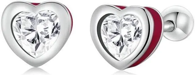 Main image of S925 Sterling Silver Heart Zircon Ear Stud Women Earrings Heart Zircon(Red) (Red)