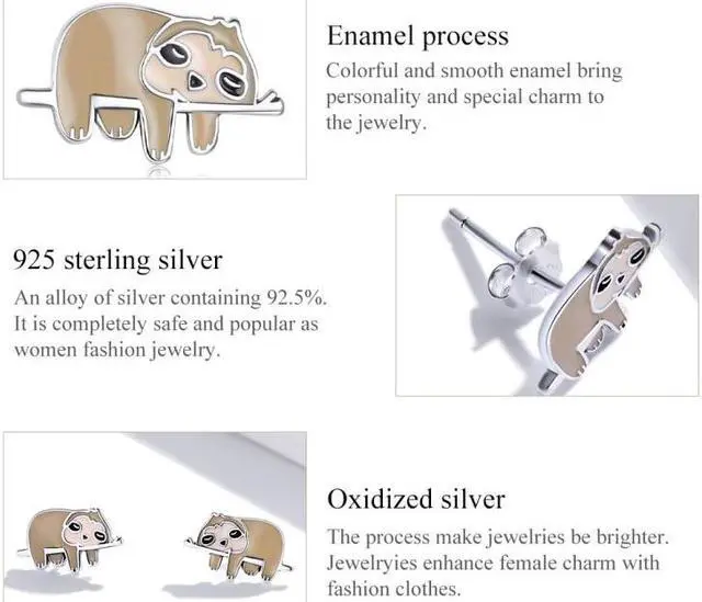 Alt view image 5 of 7 - S925 Sterling Silver Cute Sloth Ear Studs Women Earrings Cute Sloth