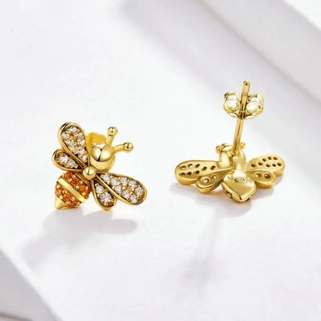 Alt view image 3 of 6 - S925 Sterling Silver Earrings Golden Bee Inlaid Zircon Sterling Silver Stud Earrings SCE344-B