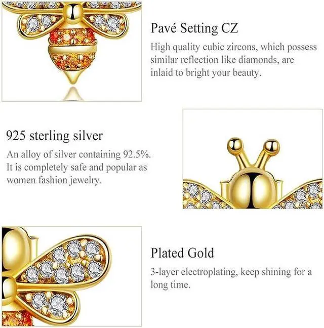 Alt view image 4 of 6 - S925 Sterling Silver Earrings Golden Bee Inlaid Zircon Sterling Silver Stud Earrings SCE344-B