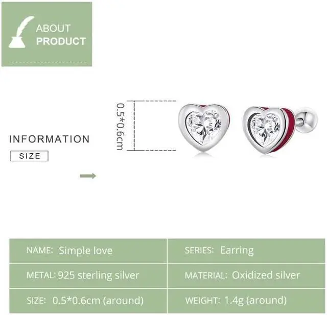 Alt view image 4 of 7 - S925 Sterling Silver Heart Zircon Ear Stud Women Earrings Heart Zircon(Red) (Red)
