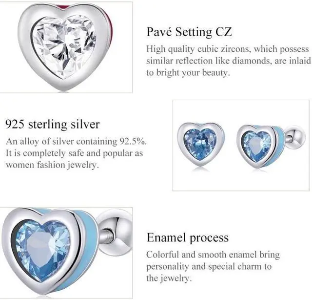 Alt view image 5 of 7 - S925 Sterling Silver Heart Zircon Ear Stud Women Earrings Heart Zircon(Red) (Red)