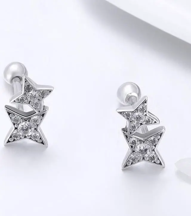Alt view image 2 of 7 - Sterling Silver Bright Star Style Diamond Earrings Female Earrings SCE432