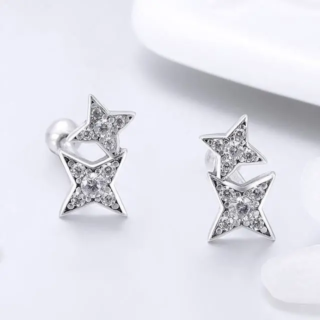 Alt view image 3 of 7 - Sterling Silver Bright Star Style Diamond Earrings Female Earrings SCE432