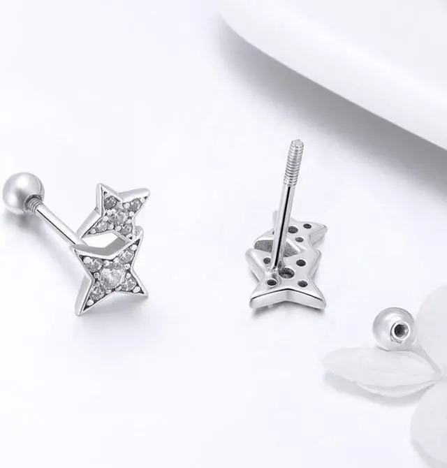 Alt view image 4 of 7 - Sterling Silver Bright Star Style Diamond Earrings Female Earrings SCE432