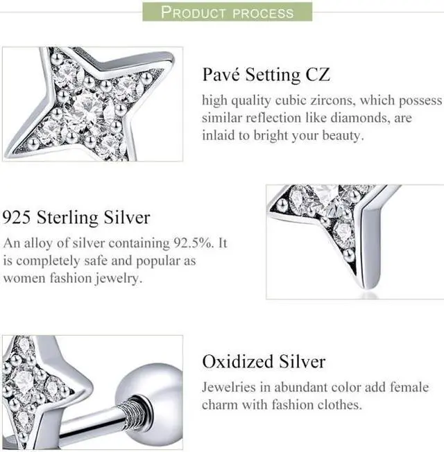 Alt view image 5 of 7 - Sterling Silver Bright Star Style Diamond Earrings Female Earrings SCE432