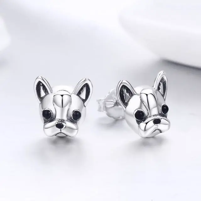 Alt view image 2 of 6 - S925 Sterling Silver Animal Earrings Bulldog Plain Silver Earrings SCE283