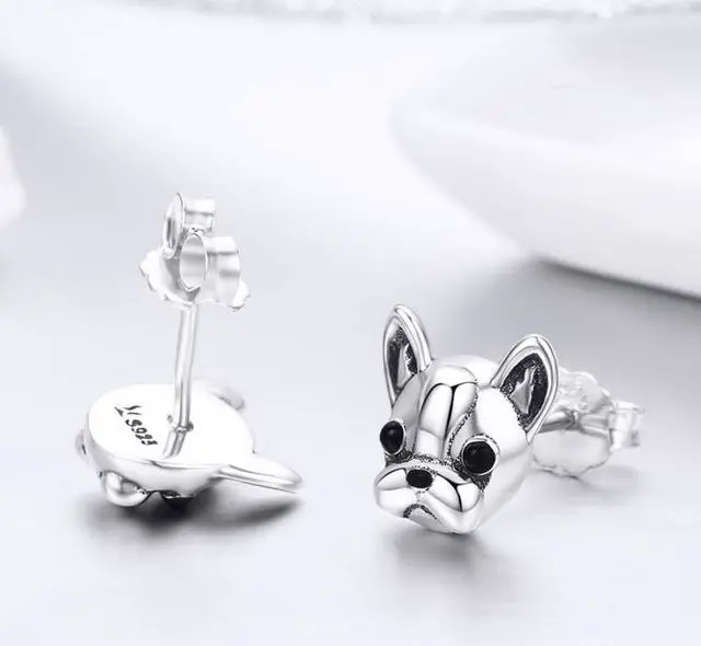 Alt view image 3 of 6 - S925 Sterling Silver Animal Earrings Bulldog Plain Silver Earrings SCE283