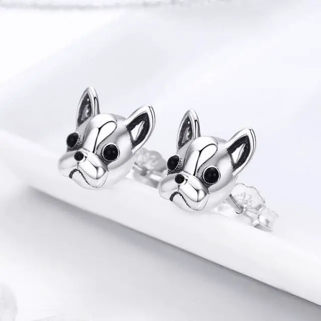 Alt view image 4 of 6 - S925 Sterling Silver Animal Earrings Bulldog Plain Silver Earrings SCE283