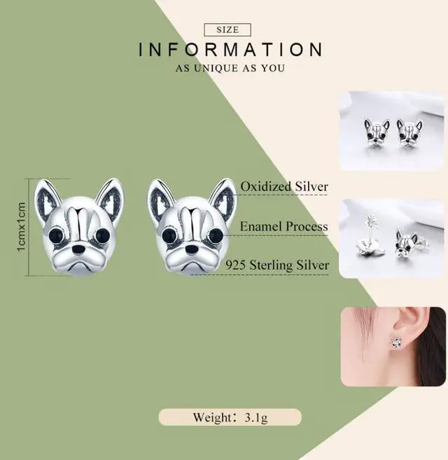 Alt view image 5 of 6 - S925 Sterling Silver Animal Earrings Bulldog Plain Silver Earrings SCE283