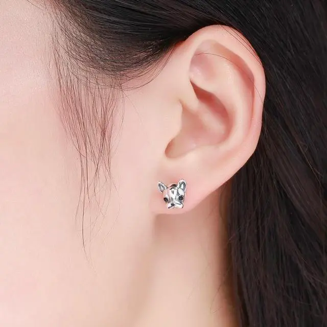 Alt view image 6 of 6 - S925 Sterling Silver Animal Earrings Bulldog Plain Silver Earrings SCE283
