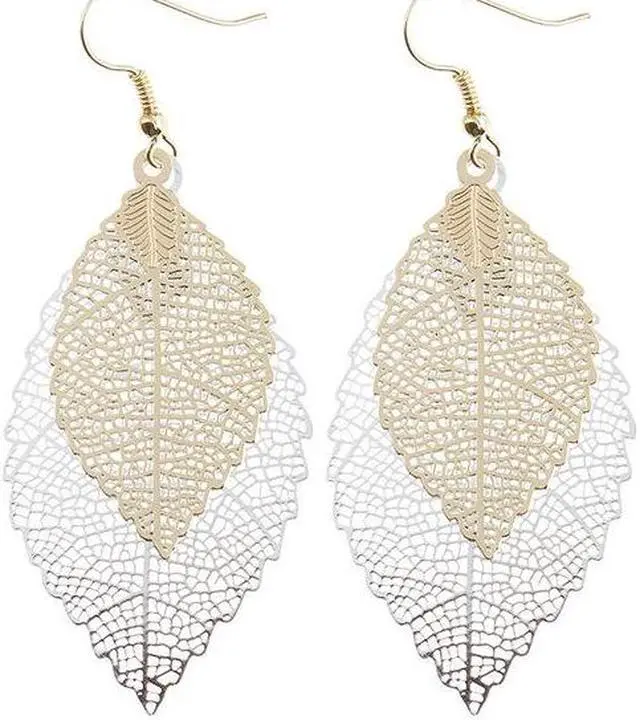 Main image of Double-layered Leaves Tassel Earrings Simple Retro Metal Leaf-ears Ornaments (Gold Silver)