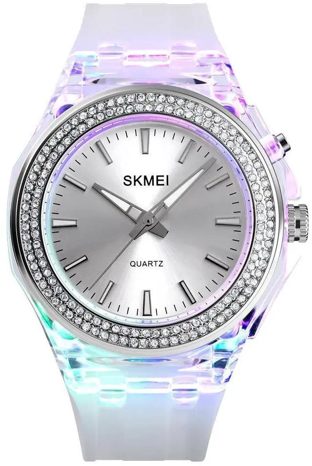 Alt view image 3 of 7 - SkMEI 1553 Women LED Color Light Transparent Waterproof Watch Inlaid With Water Drill (Silvery)