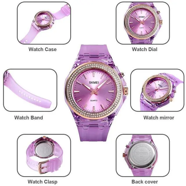 Alt view image 5 of 7 - SkMEI 1553 Women LED Color Light Transparent Waterproof Watch Inlaid With Water Drill (Silvery)