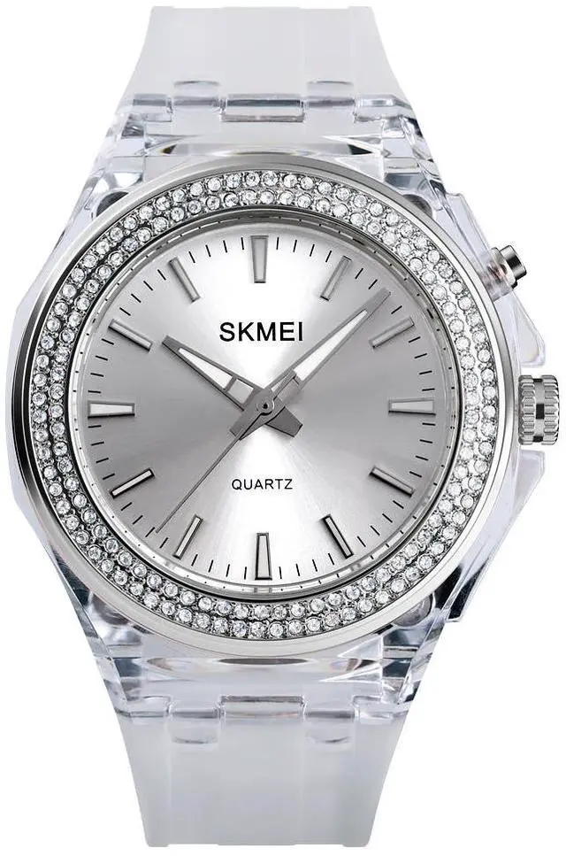 Alt view image 2 of 7 - SkMEI 1553 Women LED Color Light Transparent Waterproof Watch Inlaid With Water Drill (Silvery)