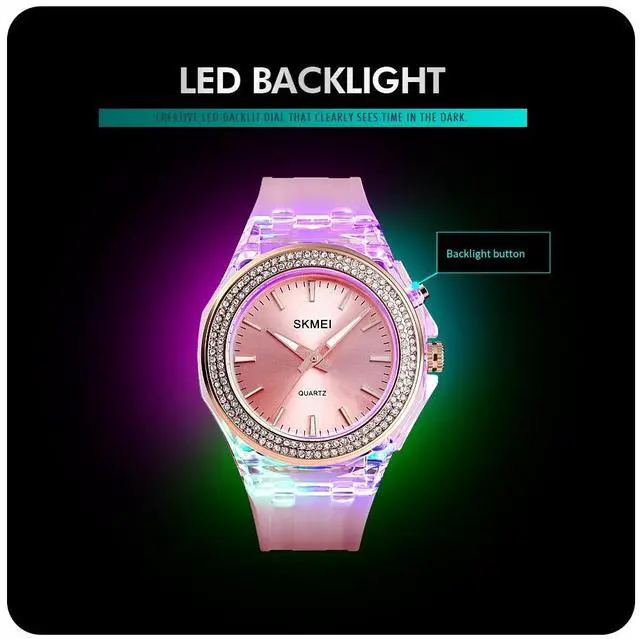 Alt view image 7 of 7 - SkMEI 1553 Women LED Color Light Transparent Waterproof Watch Inlaid With Water Drill (Silvery)