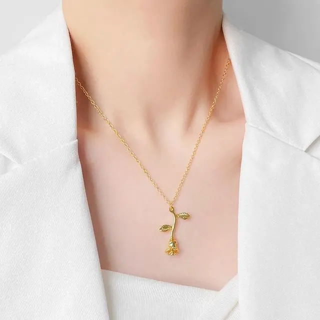 Alt view image 3 of 3 - Valentines Day Gift Rose Flower Pendant Jewelry Chain Necklace, Chain Length: 45cm (Gold)