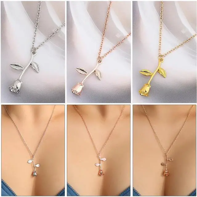 Alt view image 2 of 3 - Valentines Day Gift Rose Flower Pendant Jewelry Chain Necklace, Chain Length: 45cm (Gold)