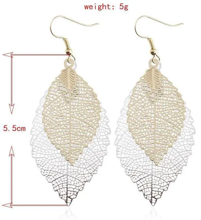 Alt view image 3 of 6 - Double-layered Leaves Tassel Earrings Simple Retro Metal Leaf-ears Ornaments (Gold Silver)